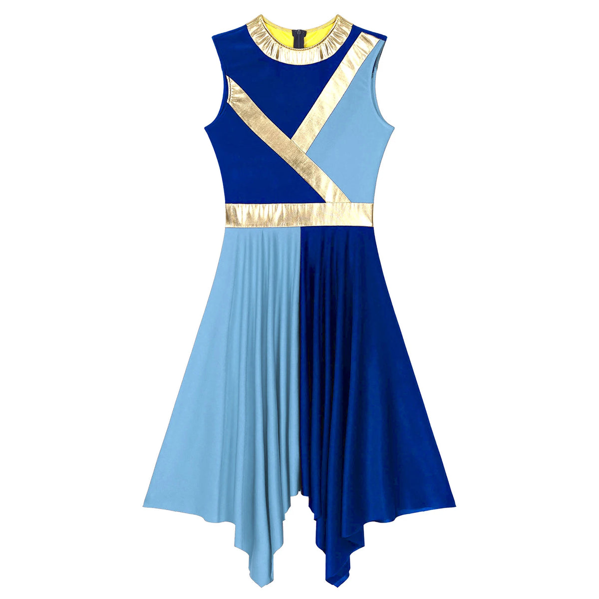 Color-Block Lyrical Dance Dress | Metallic Waist | Asymmetrical Hem | Sleeveless
