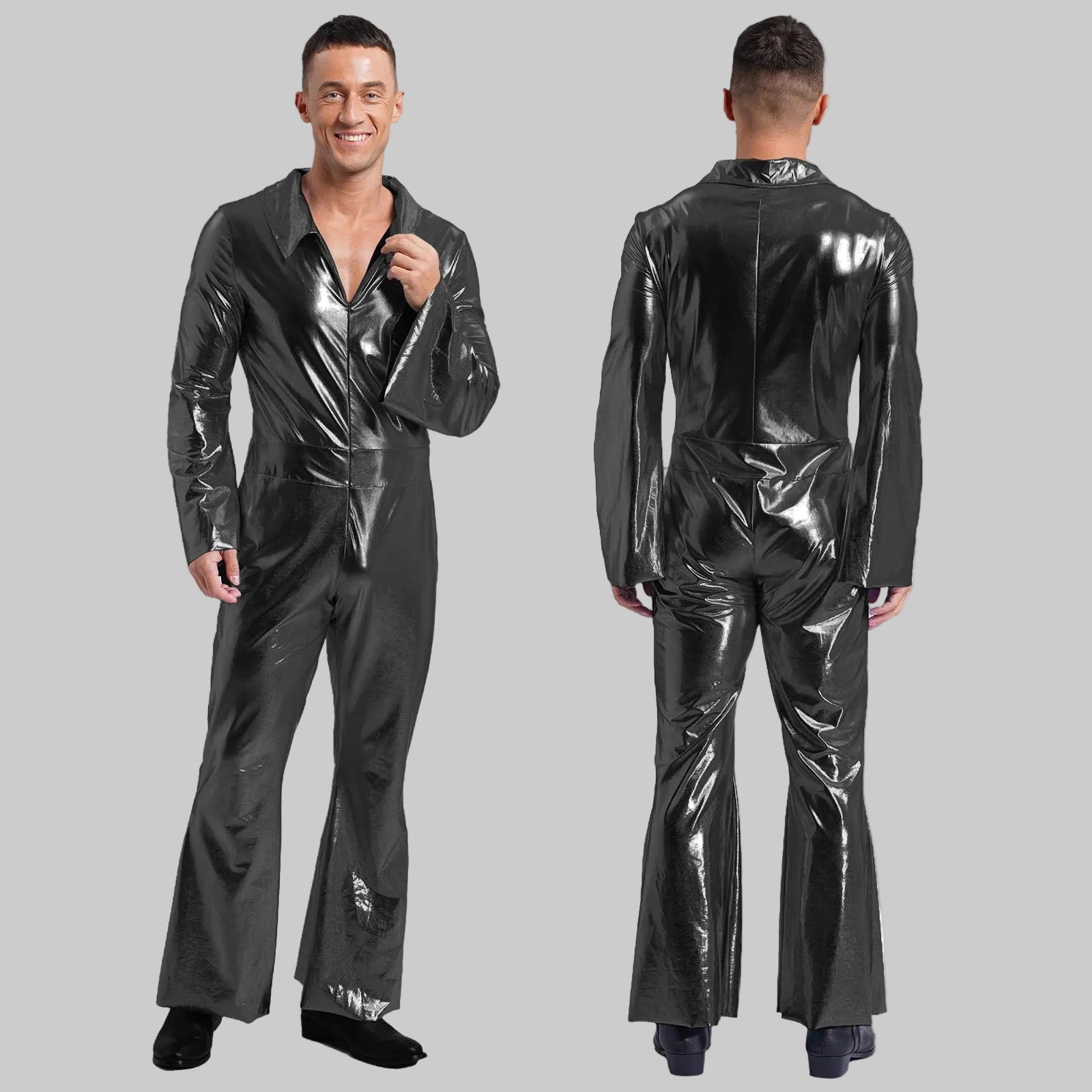 Men's 80s Disco Metallic Jumpsuit - Bell Bottom Performance Romper