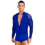 Men's Latin Dance Bodysuit | Mesh Sleeves | Ruffle V-Neck