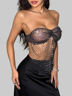 Rhinestone Mesh Bandage Tube Top - Backless Sheer Crop Top