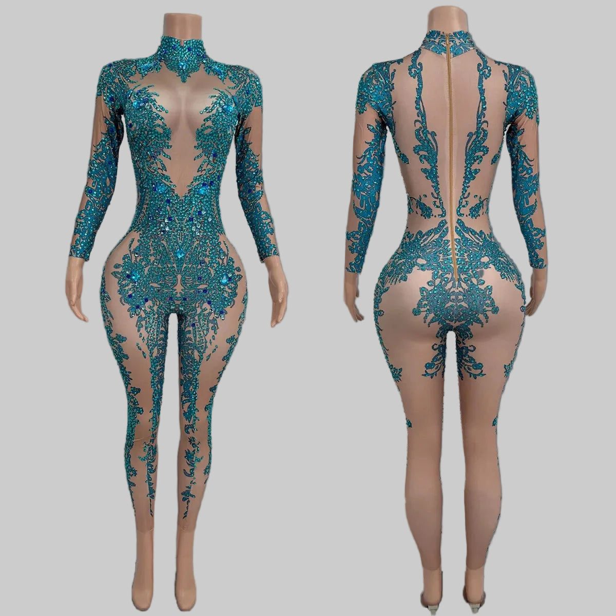 Rhinestone Print Bodycon Jumpsuit - Sparkly Spandex Catsuit for Club & Stage