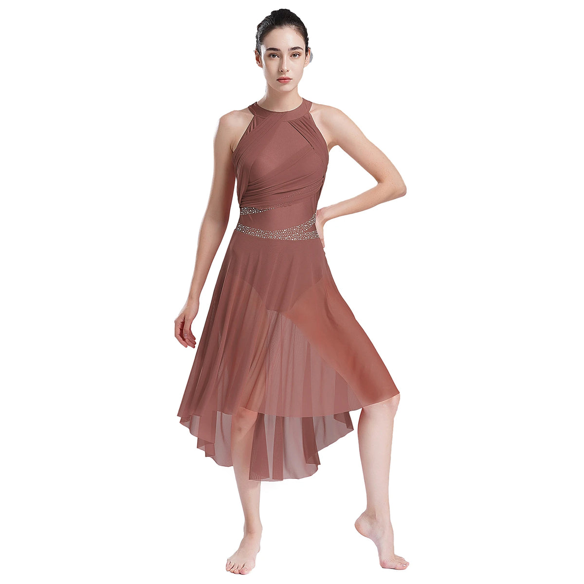 Women's Rhinestone Ruched Lyrical Dance Dress | Halter | Asymmetric Hem | 6 Colors | S–XXL