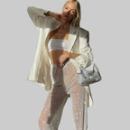 Rhinestone Fishnet Pants - Sheer Crystal Party Trousers