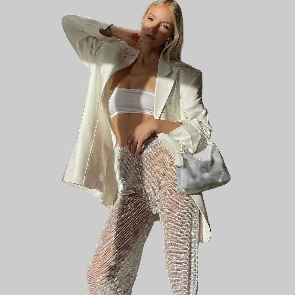 Rhinestone Fishnet Pants - Sheer Crystal Party Trousers