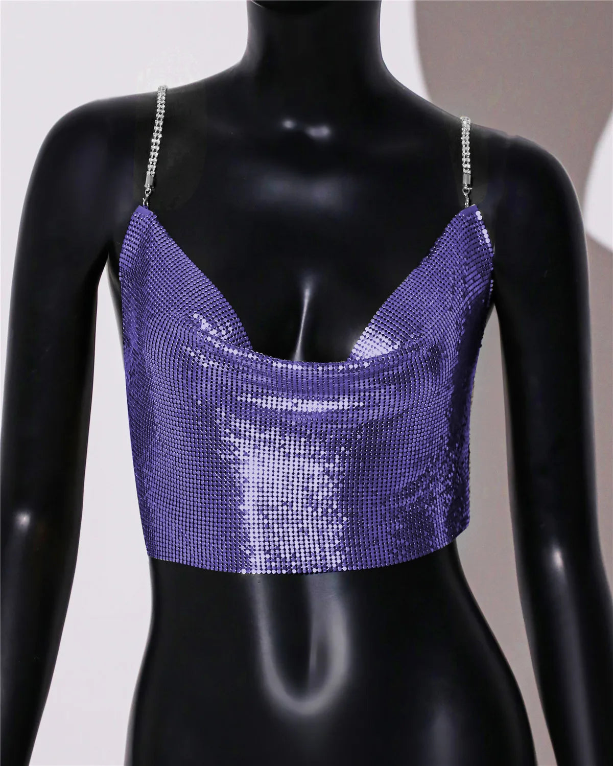 Metal Sequin Rhinestone Chain Crop Top - Deep V Backless Tank
