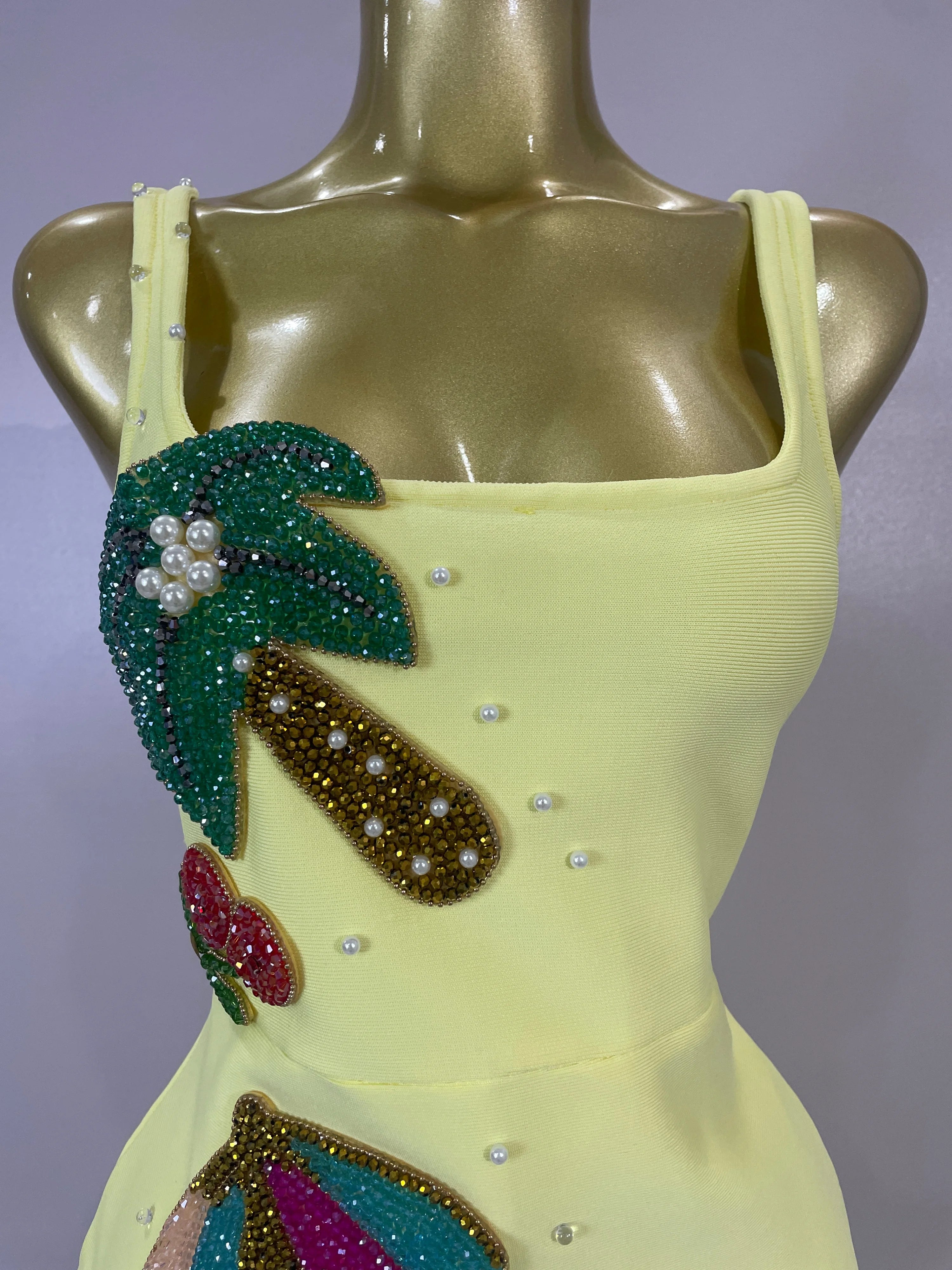 Tropical Fruit Appliqué Bodycon Mini Dress | Square Neck | Stage