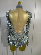 Silver Mirror Gem Bodysuit | Sculptural Shoulders | Stage