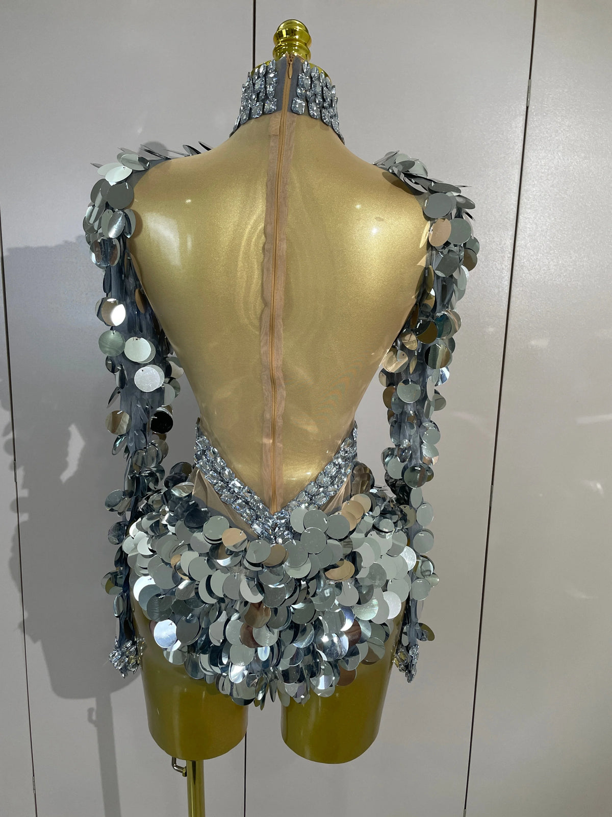Silver Mirror Gem Bodysuit | Sculptural Shoulders | Stage