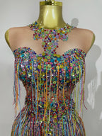 Rhinestone Sequin Tassel Bodysuit | Colorful | XS–XL