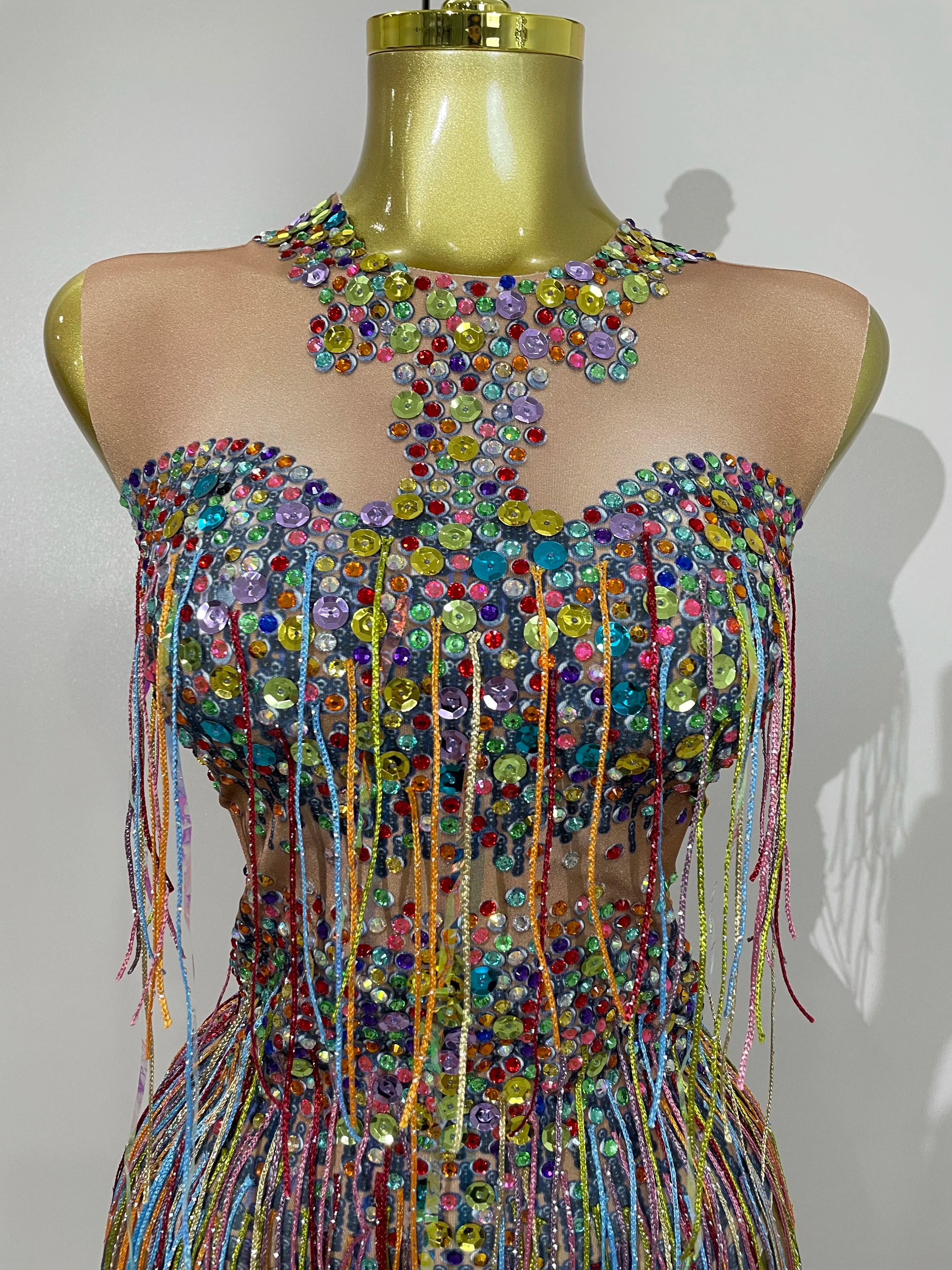 Rhinestone Sequin Tassel Bodysuit | Colorful | XS–XL