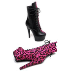 17cm Black Fuchsia Leopard Ankle Boots - Platform Party Dance Boots