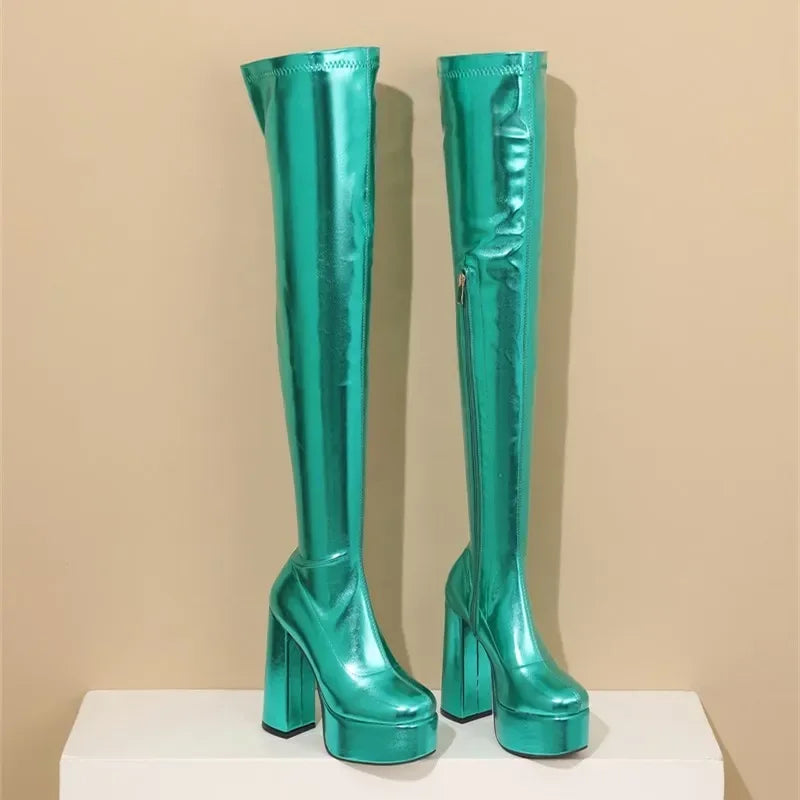 Thigh-High Platform Boots | Metallic Stretch