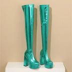Thigh-High Platform Boots | Metallic Stretch