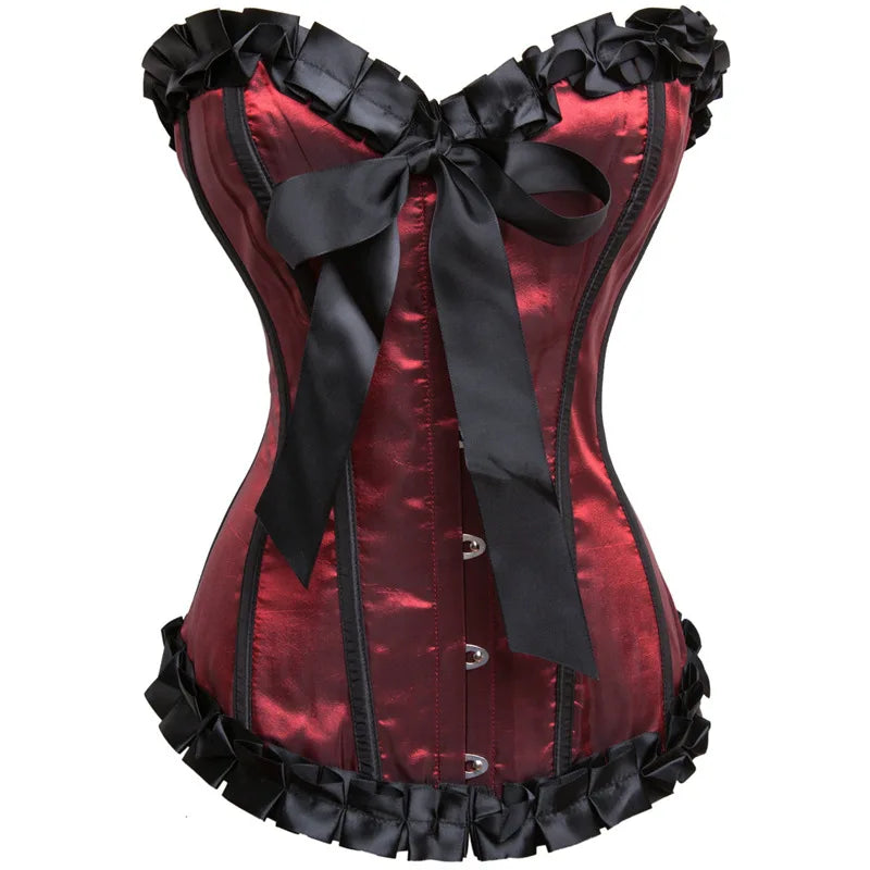 Ruffled Burlesque Corset | Bow & Lace Trim | Black & Red