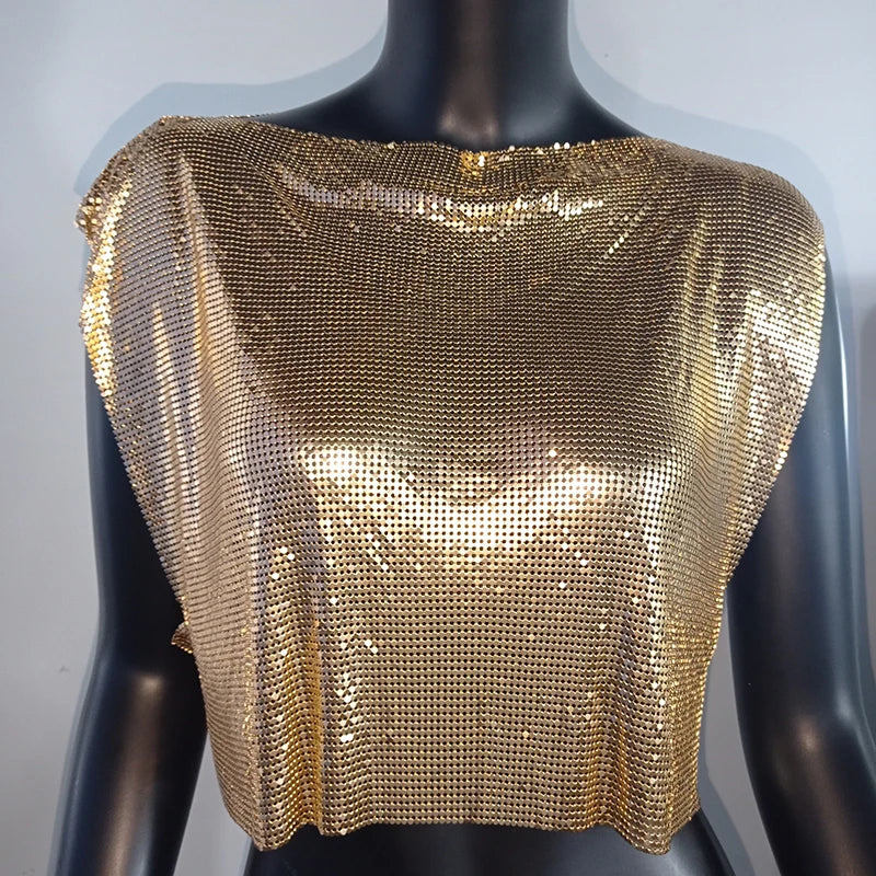 Metal Sequin Crop Top - Sleeveless Party Tank Top