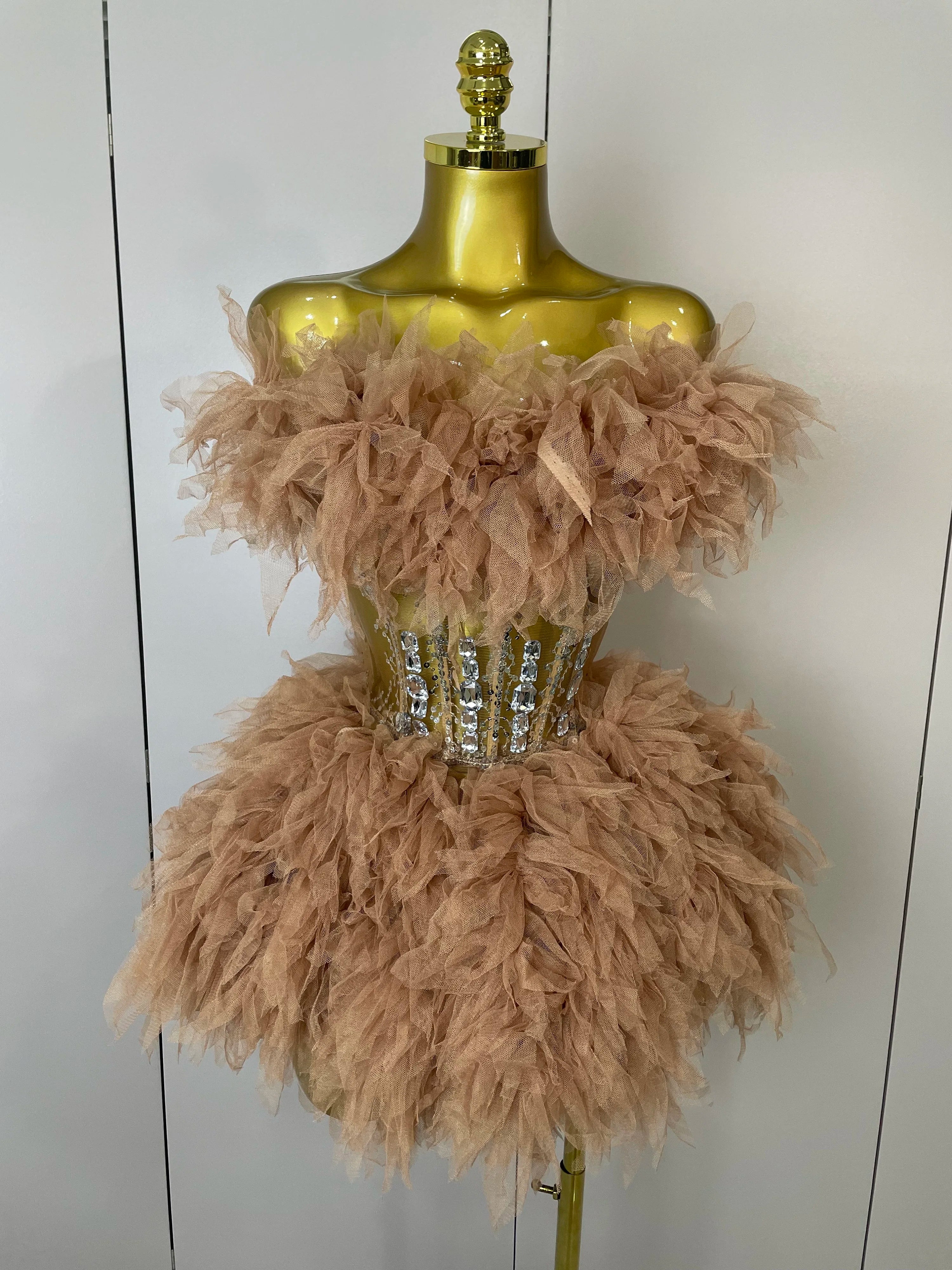 Feather Two-Piece Set | Rhinestone Corset Waist | Stage Costume