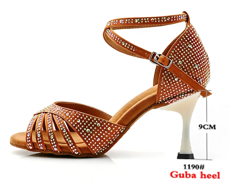 Women's Rhinestone Latin Heels | Bronze Satin | Multi-Height