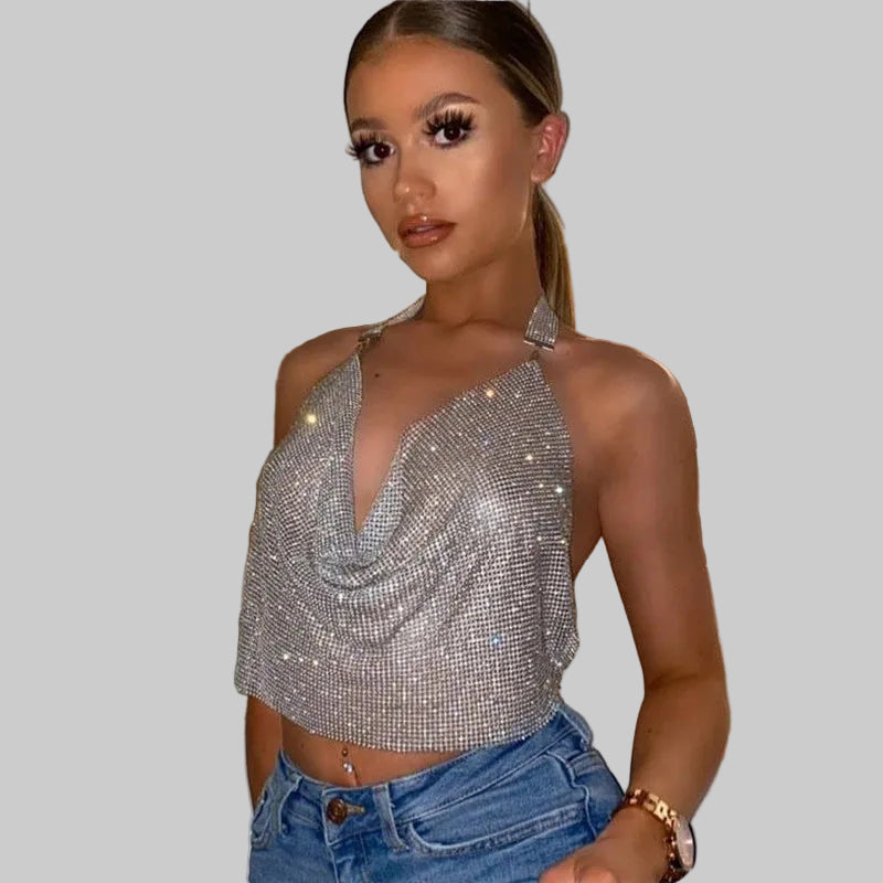 Rhinestone Sequin Deep V Halter Crop Top - Backless Diamond Tank