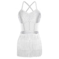 Women's Rhinestone Fringe Latin Dance Dress | Sheer Mesh & Tiered Tassel Skirt | Includes Arm Gloves