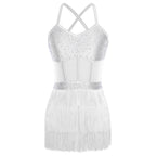 Women's Rhinestone Fringe Latin Dance Dress | Sheer Mesh & Tiered Tassel Skirt | Includes Arm Gloves