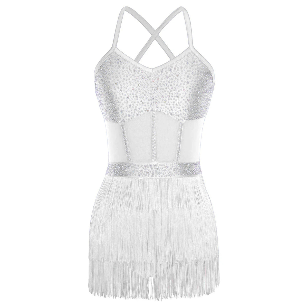 Women's Rhinestone Fringe Latin Dance Dress | Sheer Mesh & Tiered Tassel Skirt | Includes Arm Gloves