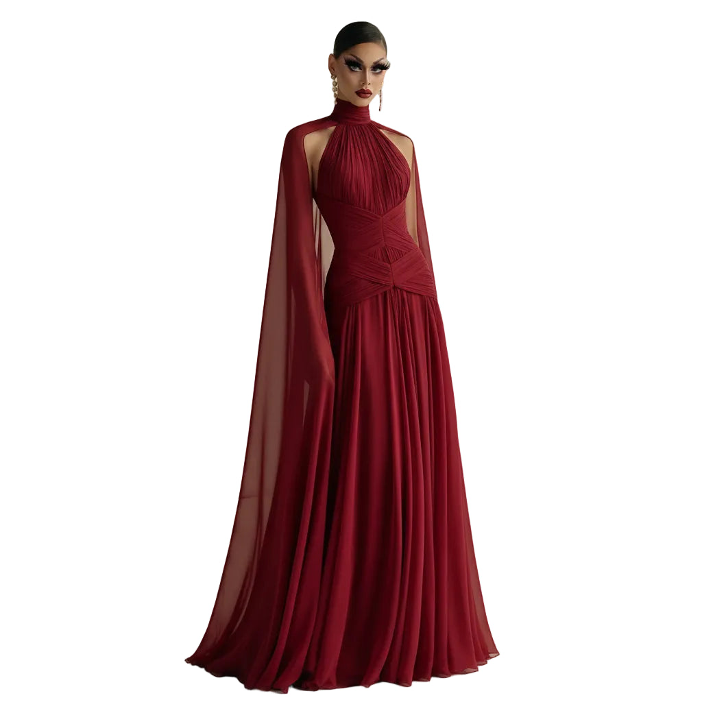 Wine Red Cape Sleeve Gown | High Neck Pleated Chiffon | A-Line