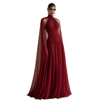 Wine Red Cape Sleeve Gown | High Neck Pleated Chiffon | A-Line