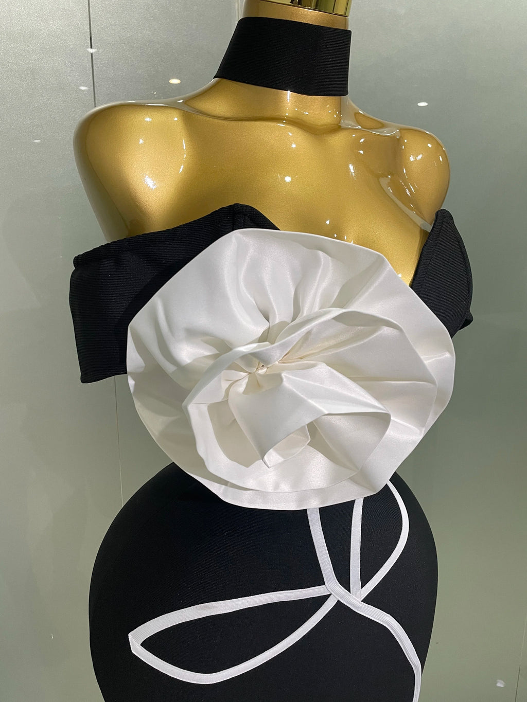 Off-Shoulder Bandage Mini Dress | 3D Rose Appliqué | Black
