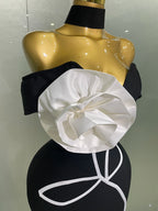 Off-Shoulder Bandage Mini Dress | 3D Rose Appliqué | Black