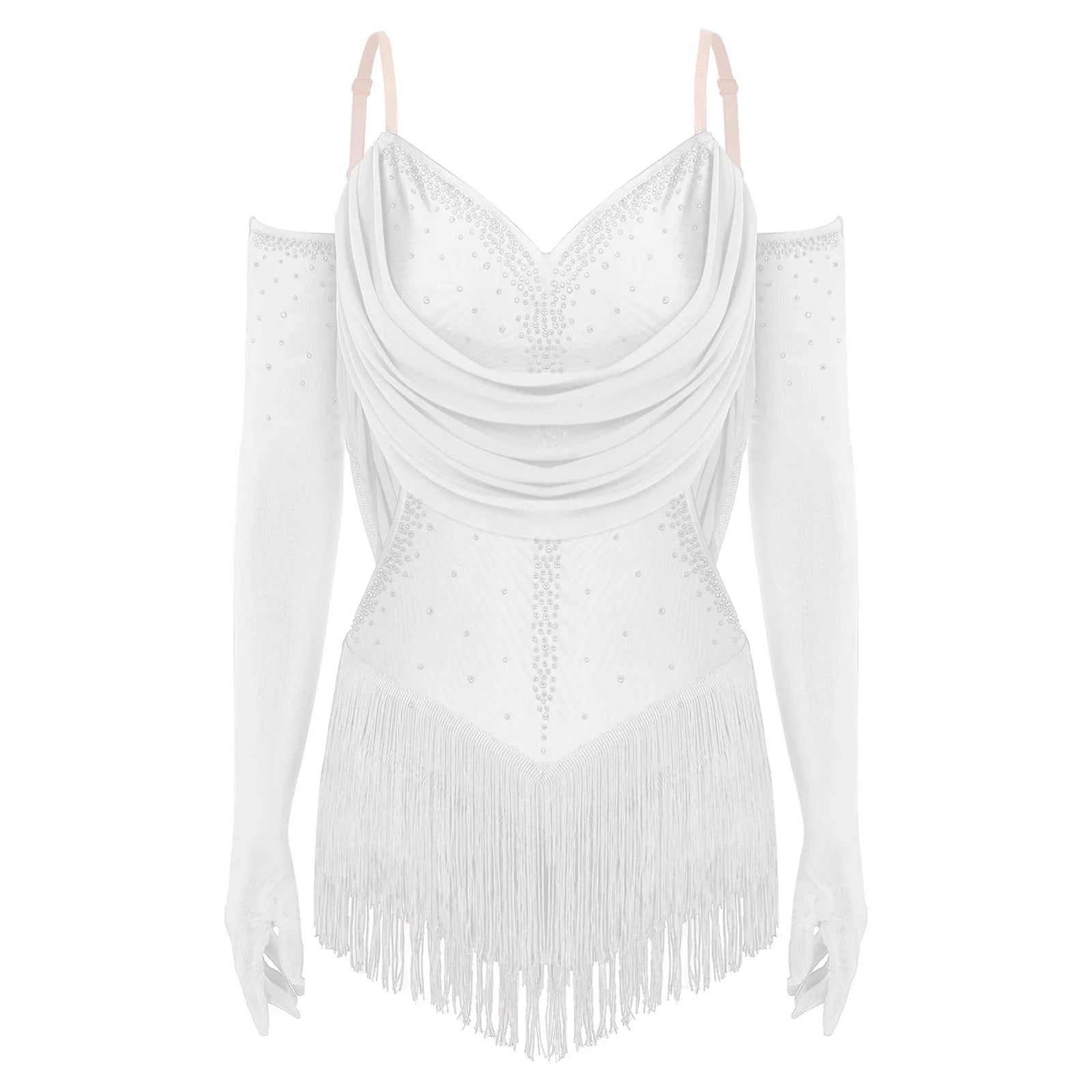 Women's Latin Dance Bodysuit | Fringe & Rhinestone | With Gloves