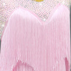 Pink Rhinestone Latin Dance Dress with Tassel Details