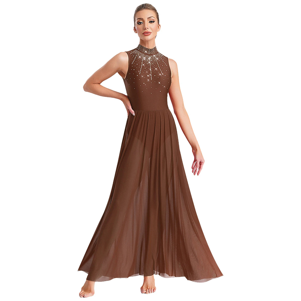 Women's Rhinestone Halter Lyrical Dance Dress | Irregular Mesh Ruffle Hem | Competition & Performance