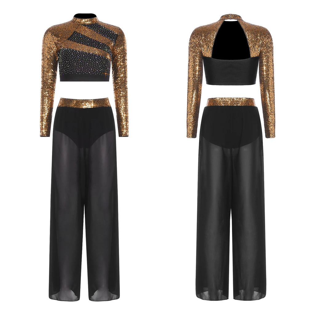 Women's Sequin Crop Top & Side-Split Chiffon Pants | Mock Neck & Cutout Back | 2-Piece Dance Set