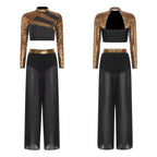 Women's Sequin Crop Top & Side-Split Chiffon Pants | Mock Neck & Cutout Back | 2-Piece Dance Set