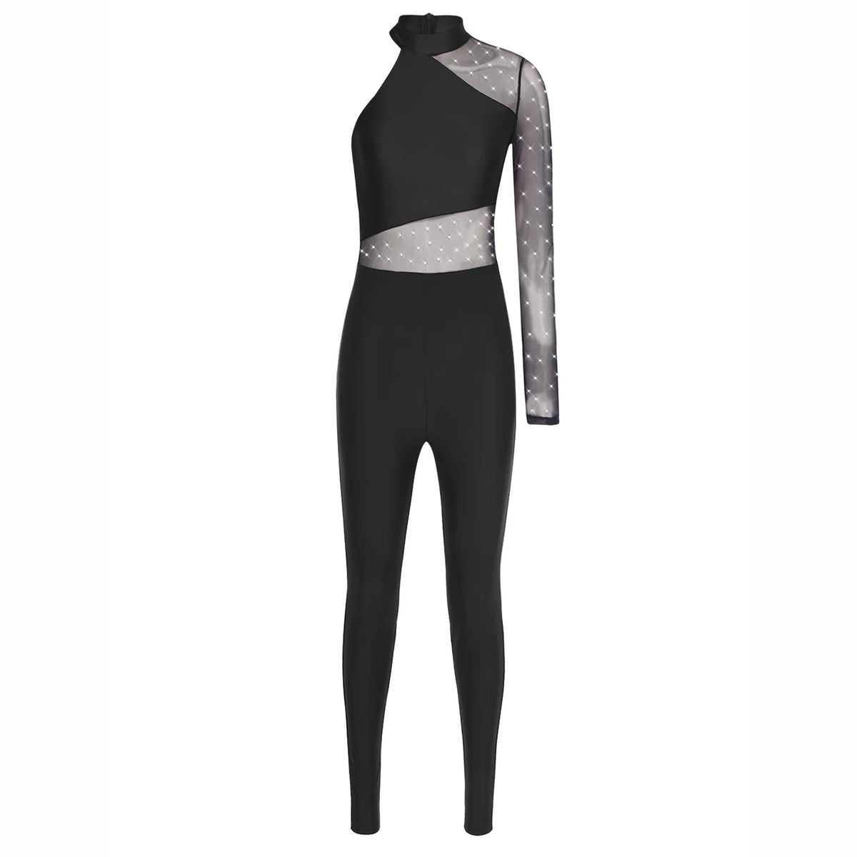 Women's Rhinestone Sheer Mesh Dance Jumpsuit | Mock Neck & One-Shoulder Styles | Gymnastics & Performance