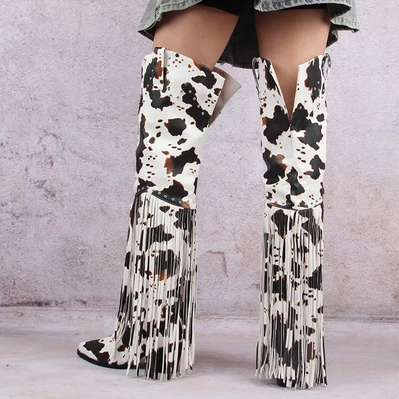 Thigh-High Fringe Boots | Chunky Heel | Pointed Toe