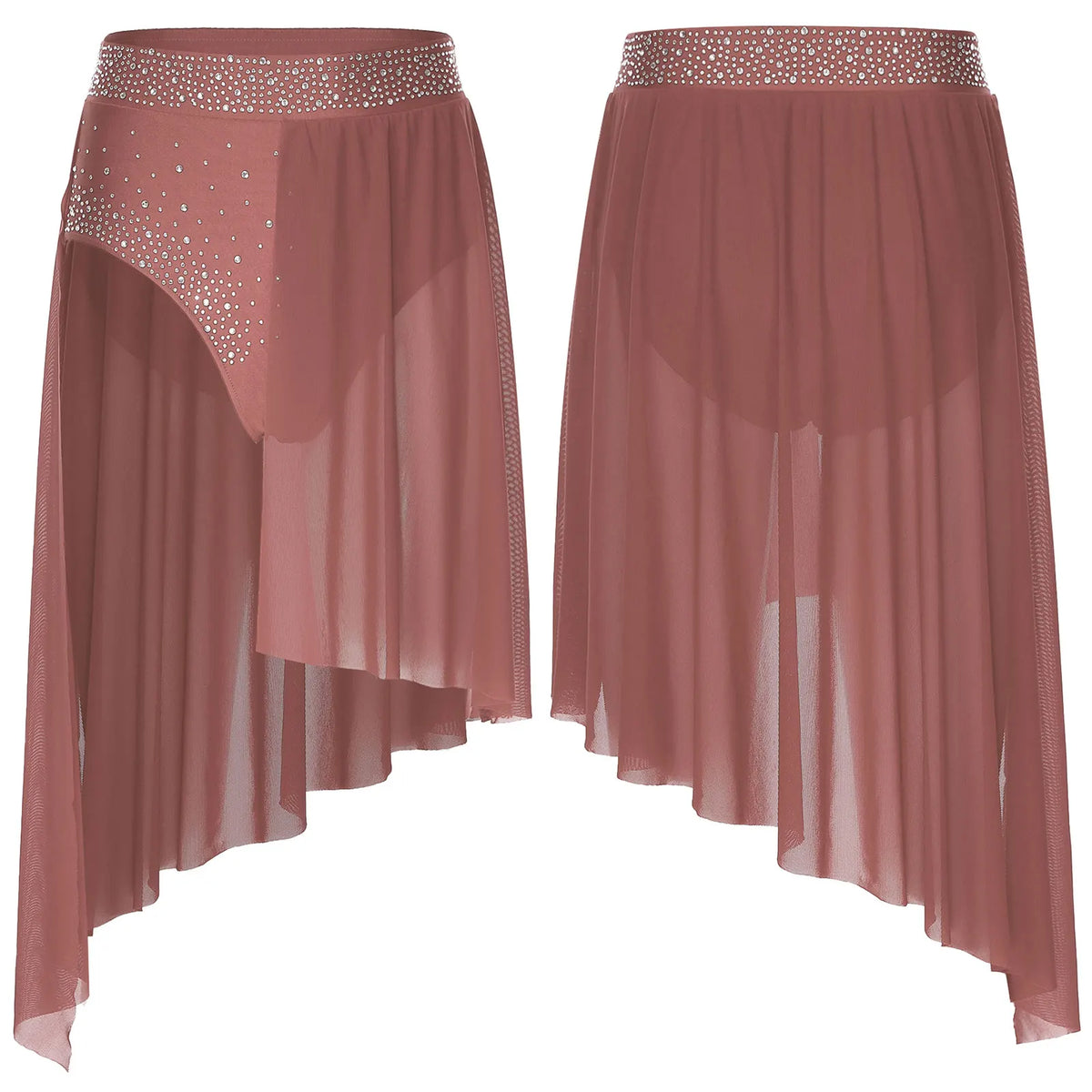 Rhinestone Mesh Dance Skirt | Asymmetric Hem | Built-In Briefs
