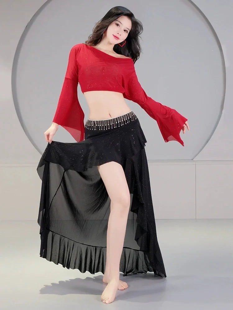 Flare Sleeve Belly Dance Set | Mesh Top & Slit Skirt