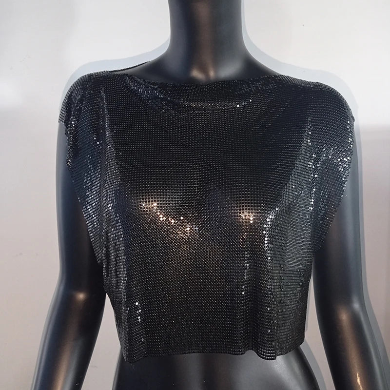Metallic Sequin Patchwork Crop Top - Hollow-Out O-Neck