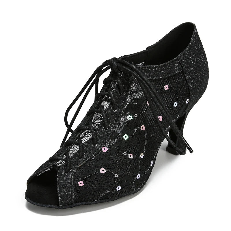 Glitter Latin Dance Boots | Lace-Up | Cuban Heel | Silver, Gold & Black