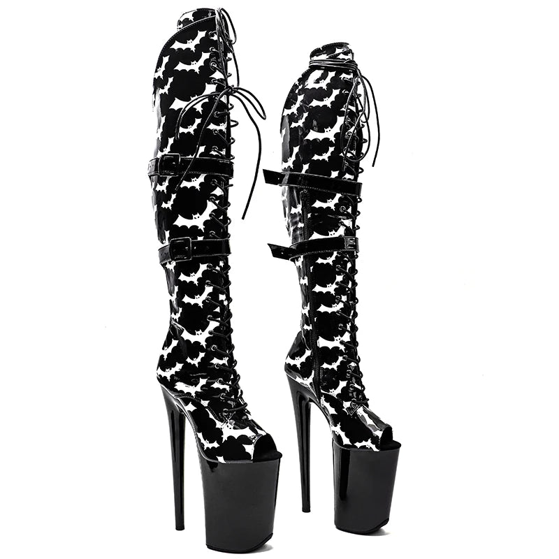 Bat Pattern Thigh-High Platform Boots - 9 Inch Gothic Pole Dance Boots