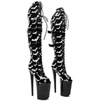 Bat Pattern Thigh-High Platform Boots - 9 Inch Gothic Pole Dance Boots