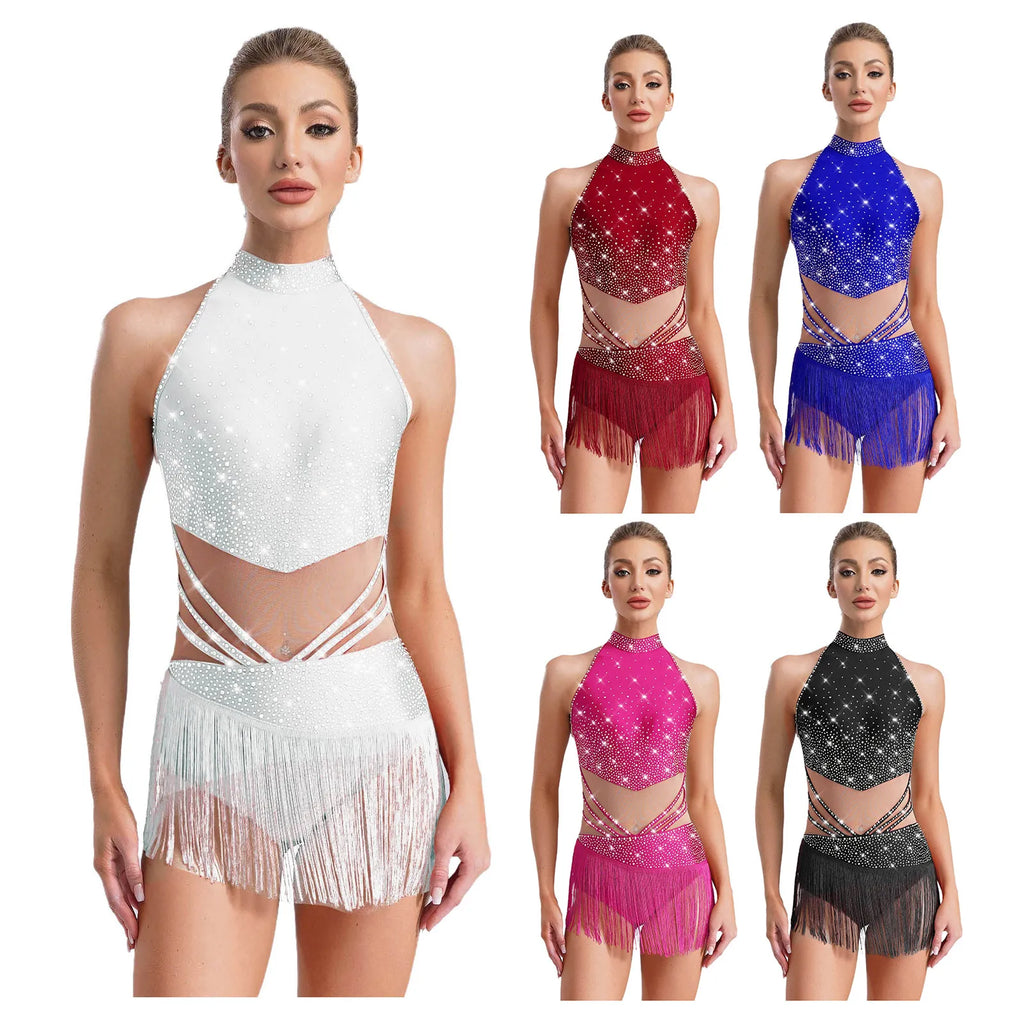 Rhinestone Tassel Leotard | Sleeveless Mock Neck | Cutout Back