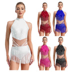 Rhinestone Tassel Leotard | Sleeveless Mock Neck | Cutout Back