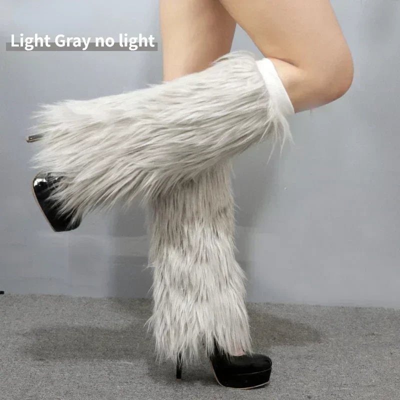 LED Fluffy Faux Fur Boot Covers | 40 cm | Rave & Festival Leg Warmers | White