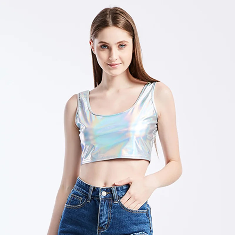 Holographic Metallic Crop Tank | Shiny Performance Top