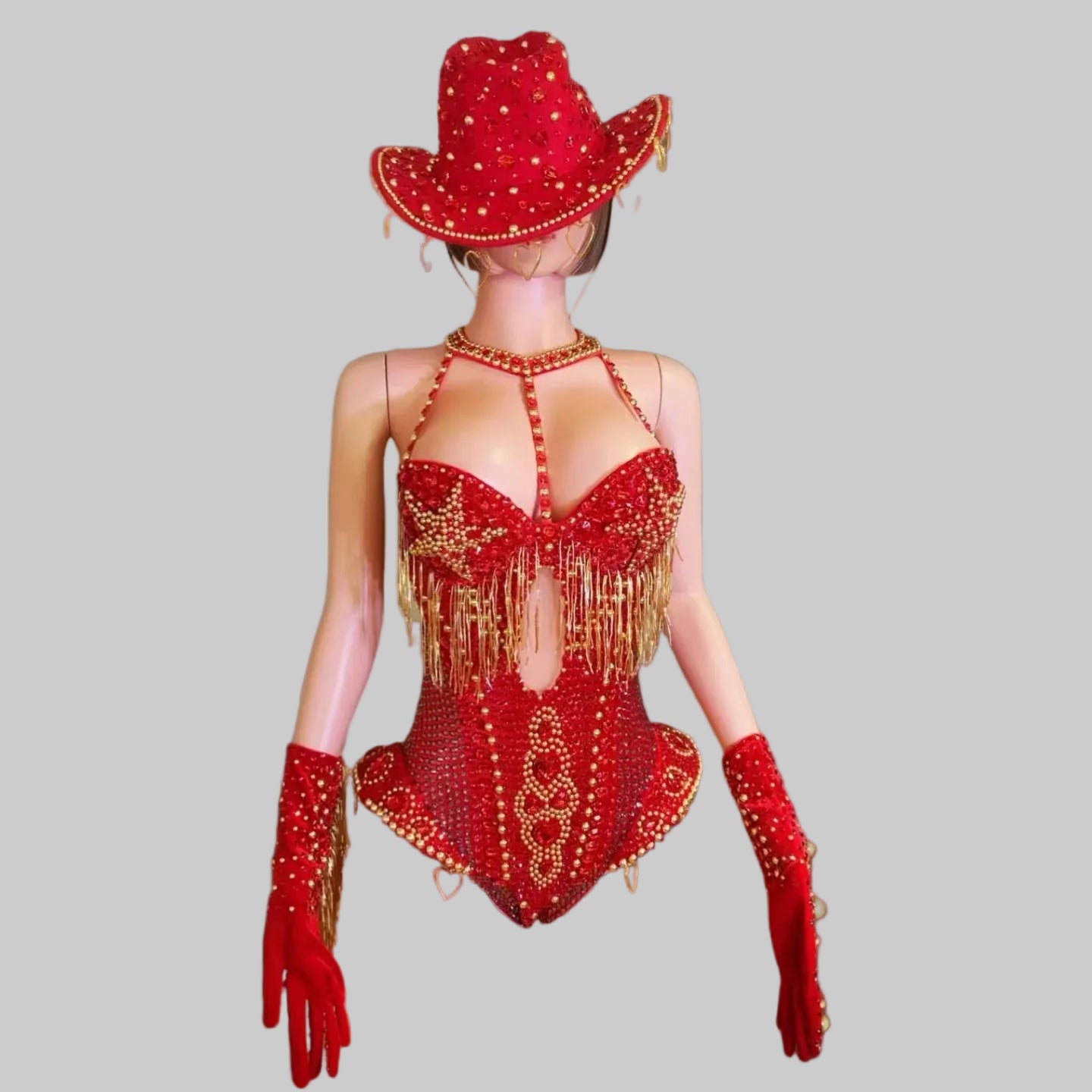 Rhinestone Bodysuit 4-Piece Set - Sparkly Showgirl Outfit with Flare Pants & Crystals