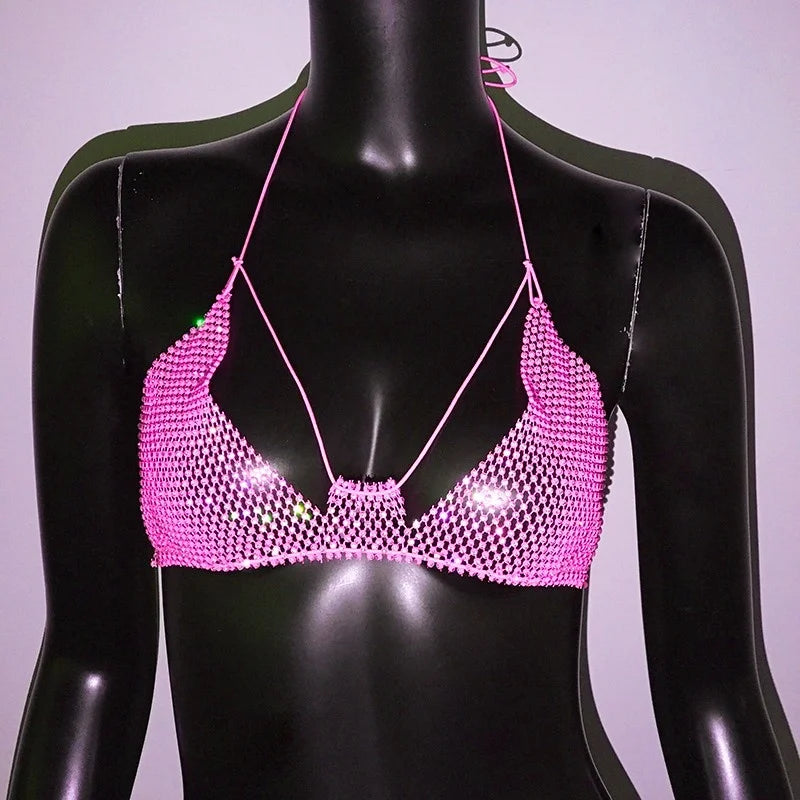Fishnet Mesh Bikini Top - Backless Deep V-Neck Crop Top