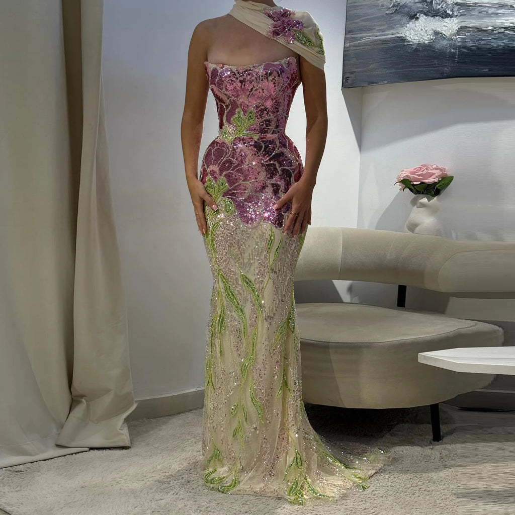 Beaded Mermaid Gown | Scarf | Fuchsia Green & Purple Green
