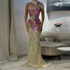 Beaded Mermaid Gown | Scarf | Fuchsia Green & Purple Green